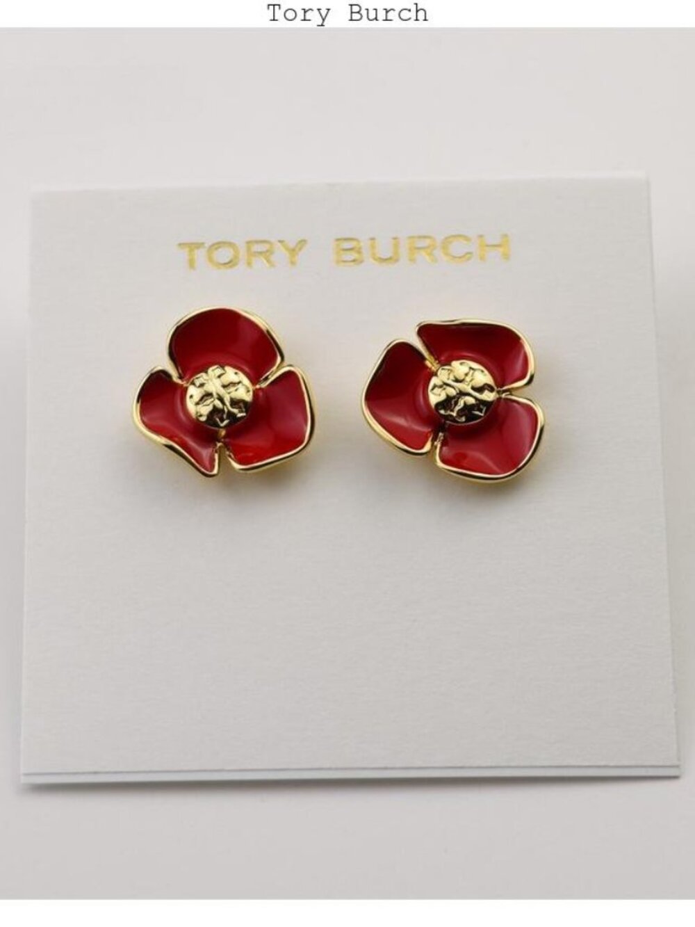 Tory Burch Red Enamel Flower Stud Earrings with Gold Accents